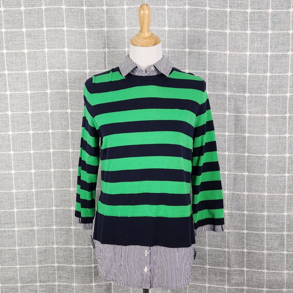 Crown & Ivy Green and Navy Striped Sweater with Shirt Detail